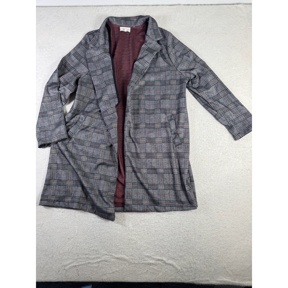 Melloday Plaid Duster Coat Womens 1X Grey Red Open Front Longline Excellent
